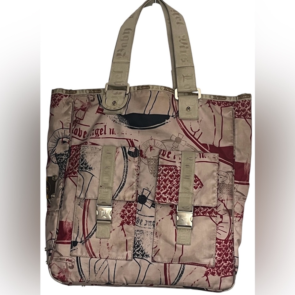 Vtg LAMB for LeSportsac Shoulder Bag Tote Gwen Stefani Y2K Beige Graphic Print